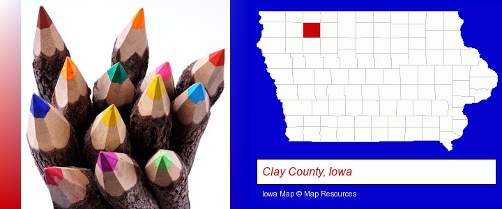 colored pencils; Clay County, Iowa highlighted in red on a map