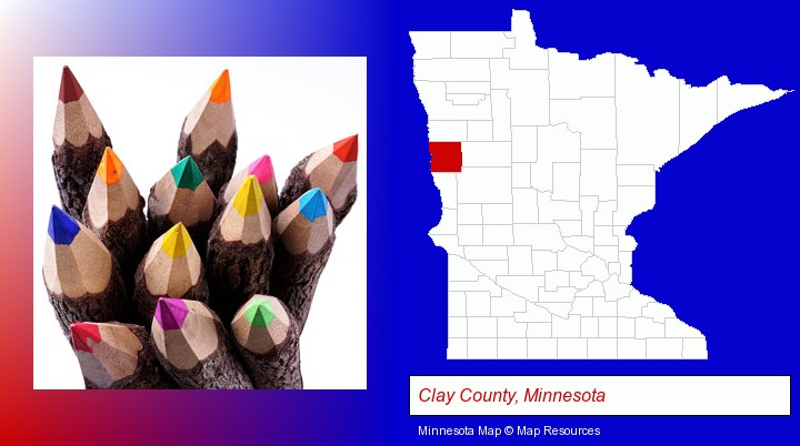colored pencils; Clay County, Minnesota highlighted in red on a map