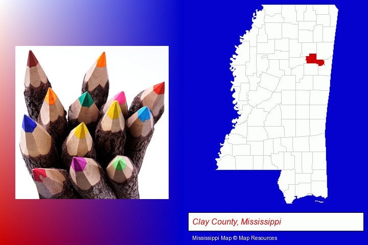 colored pencils; Clay County, Mississippi highlighted in red on a map