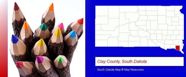 colored pencils; Clay County, South Dakota highlighted in red on a map