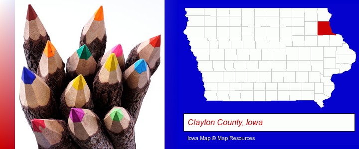 colored pencils; Clayton County, Iowa highlighted in red on a map