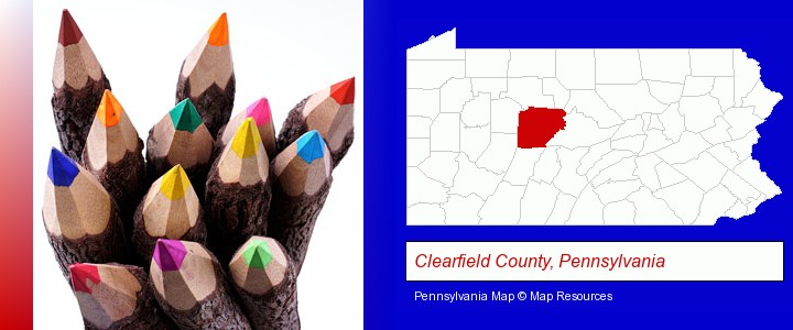 colored pencils; Clearfield County, Pennsylvania highlighted in red on a map