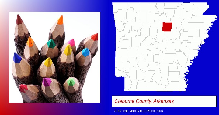 colored pencils; Cleburne County, Arkansas highlighted in red on a map
