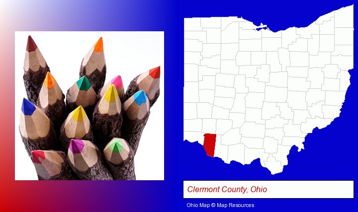 colored pencils; Clermont County, Ohio highlighted in red on a map