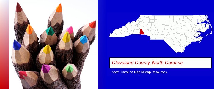 colored pencils; Cleveland County, North Carolina highlighted in red on a map