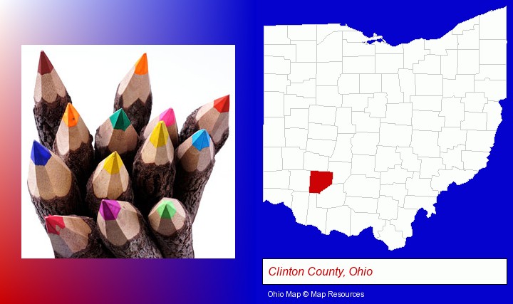 colored pencils; Clinton County, Ohio highlighted in red on a map