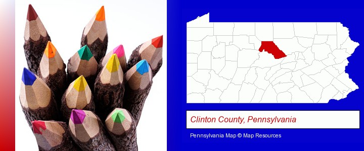 colored pencils; Clinton County, Pennsylvania highlighted in red on a map