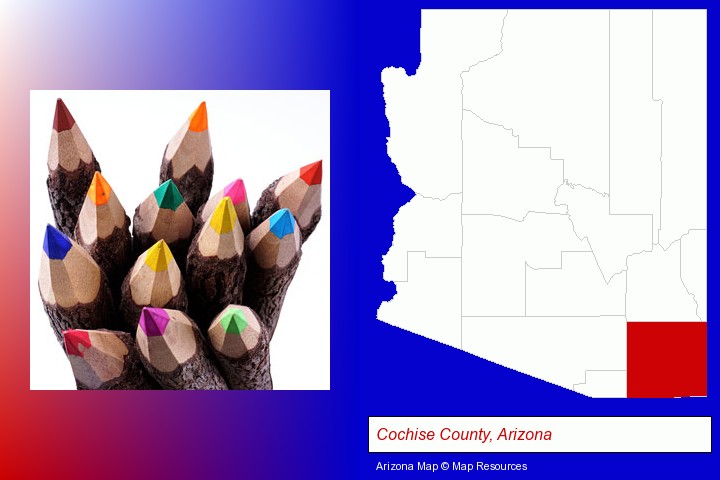 colored pencils; Cochise County, Arizona highlighted in red on a map