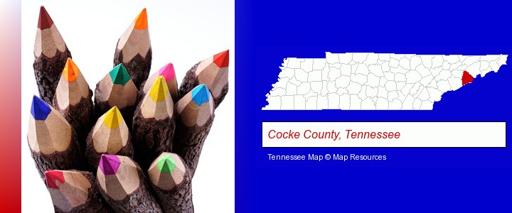 colored pencils; Cocke County, Tennessee highlighted in red on a map