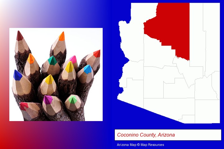 colored pencils; Coconino County, Arizona highlighted in red on a map