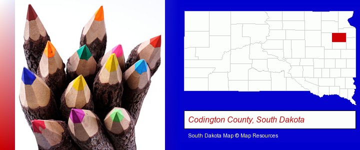 colored pencils; Codington County, South Dakota highlighted in red on a map
