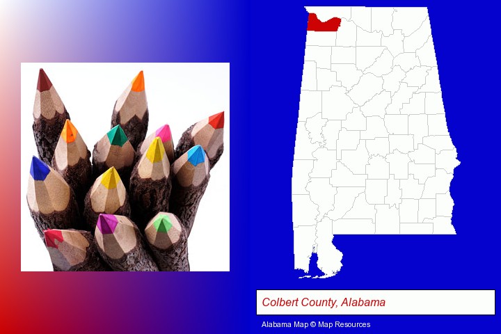 colored pencils; Colbert County, Alabama highlighted in red on a map
