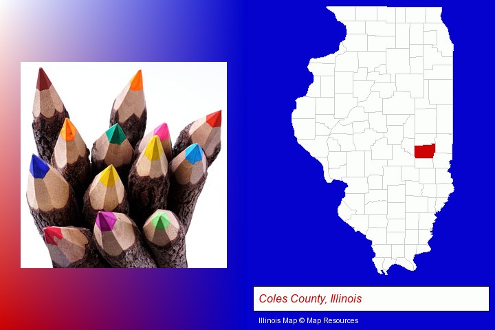 colored pencils; Coles County, Illinois highlighted in red on a map