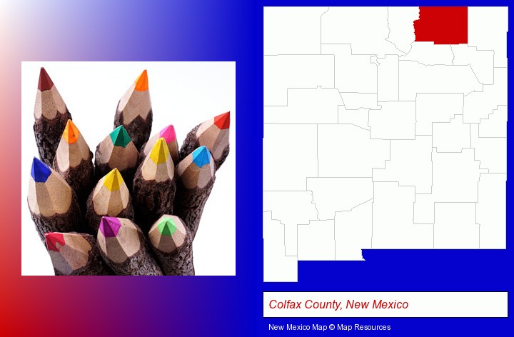 colored pencils; Colfax County, New Mexico highlighted in red on a map