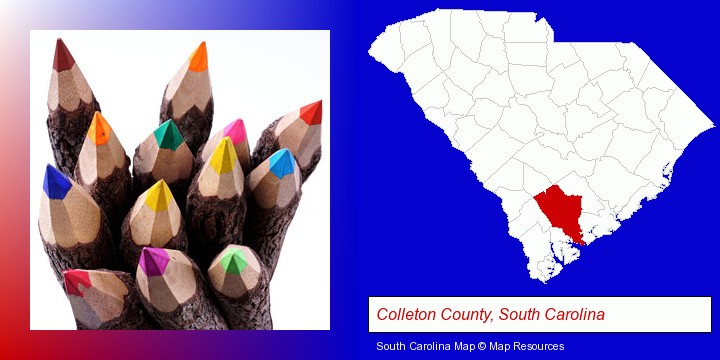 colored pencils; Colleton County, South Carolina highlighted in red on a map