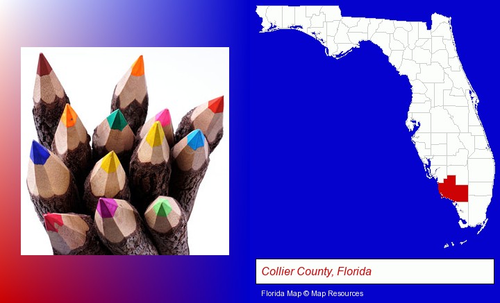 colored pencils; Collier County, Florida highlighted in red on a map