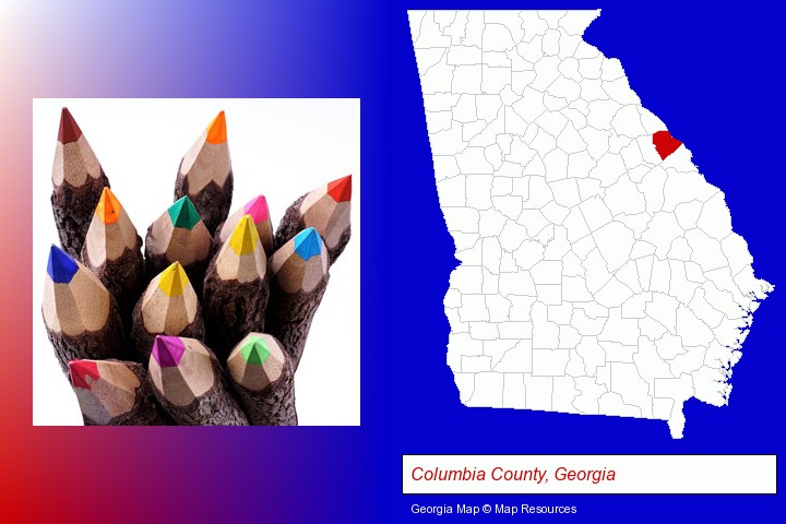 colored pencils; Columbia County, Georgia highlighted in red on a map