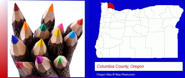 colored pencils; Columbia County, Oregon highlighted in red on a map