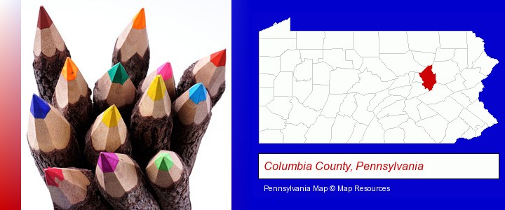 colored pencils; Columbia County, Pennsylvania highlighted in red on a map