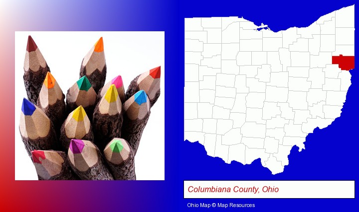 colored pencils; Columbiana County, Ohio highlighted in red on a map