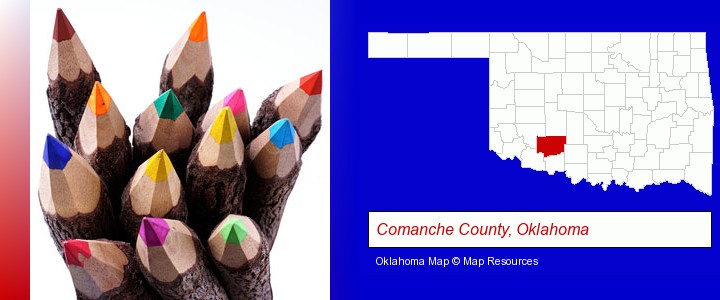 colored pencils; Comanche County, Oklahoma highlighted in red on a map