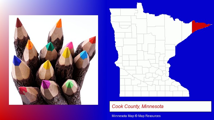colored pencils; Cook County, Minnesota highlighted in red on a map