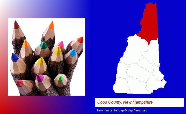 colored pencils; Coos County, New Hampshire highlighted in red on a map