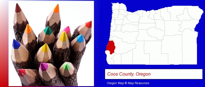 colored pencils; Coos County, Oregon highlighted in red on a map