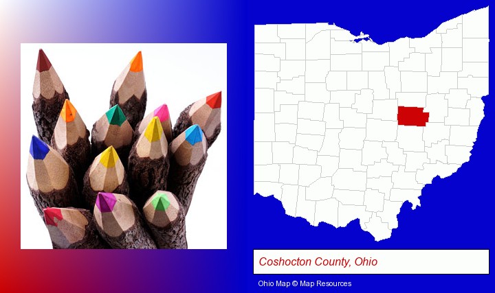 colored pencils; Coshocton County, Ohio highlighted in red on a map
