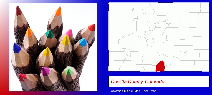 colored pencils; Costilla County, Colorado highlighted in red on a map