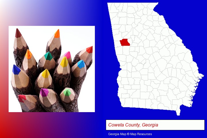 colored pencils; Coweta County, Georgia highlighted in red on a map