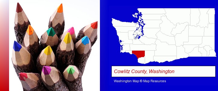 colored pencils; Cowlitz County, Washington highlighted in red on a map