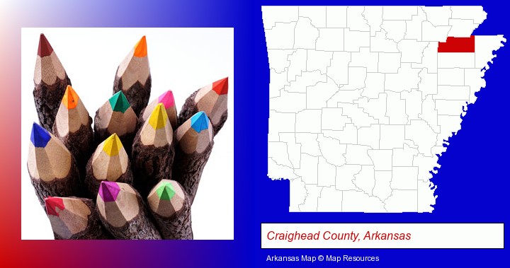 colored pencils; Craighead County, Arkansas highlighted in red on a map