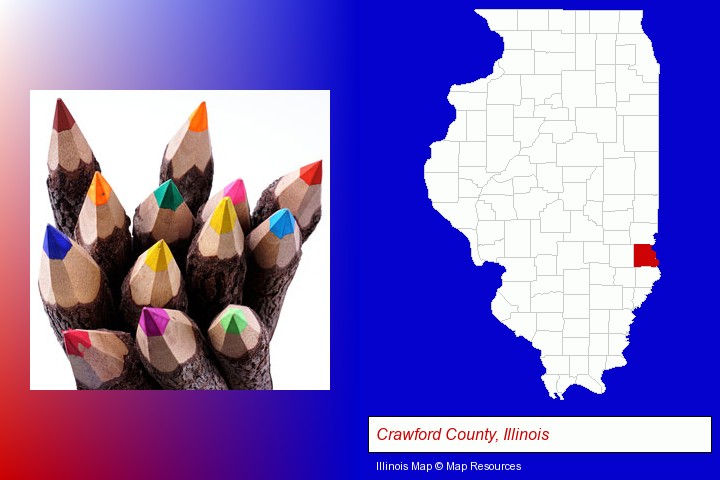 colored pencils; Crawford County, Illinois highlighted in red on a map