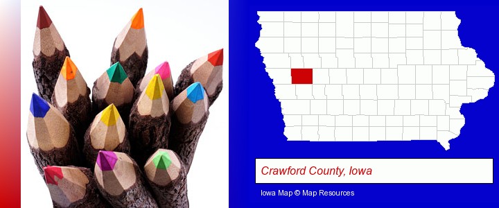 colored pencils; Crawford County, Iowa highlighted in red on a map