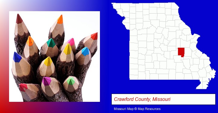 colored pencils; Crawford County, Missouri highlighted in red on a map