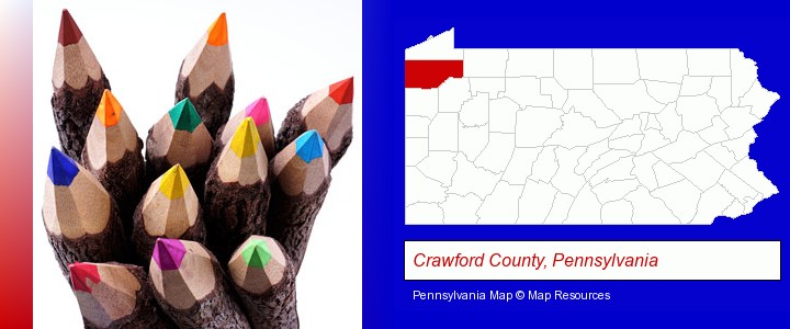 colored pencils; Crawford County, Pennsylvania highlighted in red on a map