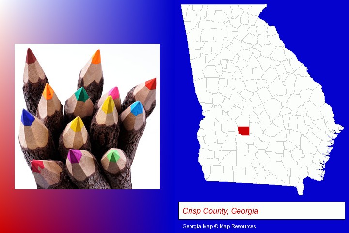 colored pencils; Crisp County, Georgia highlighted in red on a map
