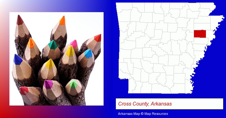 colored pencils; Cross County, Arkansas highlighted in red on a map
