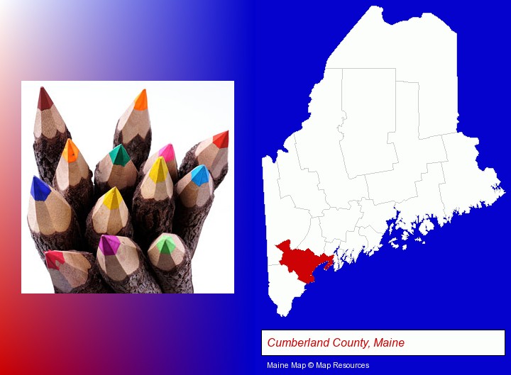 colored pencils; Cumberland County, Maine highlighted in red on a map