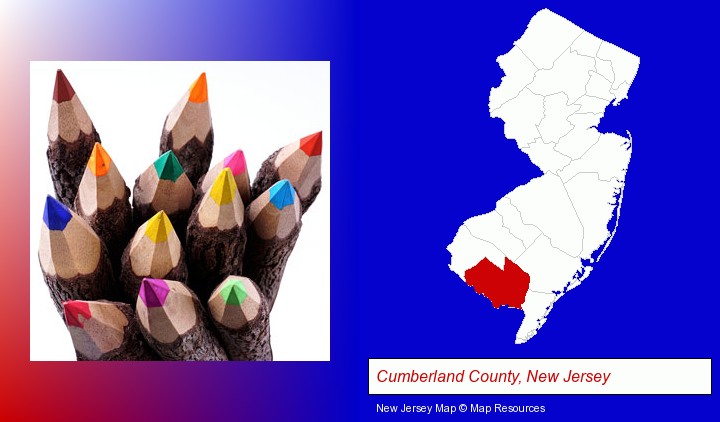 colored pencils; Cumberland County, New Jersey highlighted in red on a map