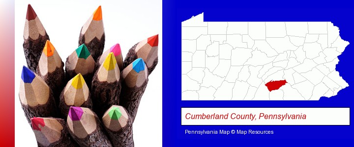 colored pencils; Cumberland County, Pennsylvania highlighted in red on a map