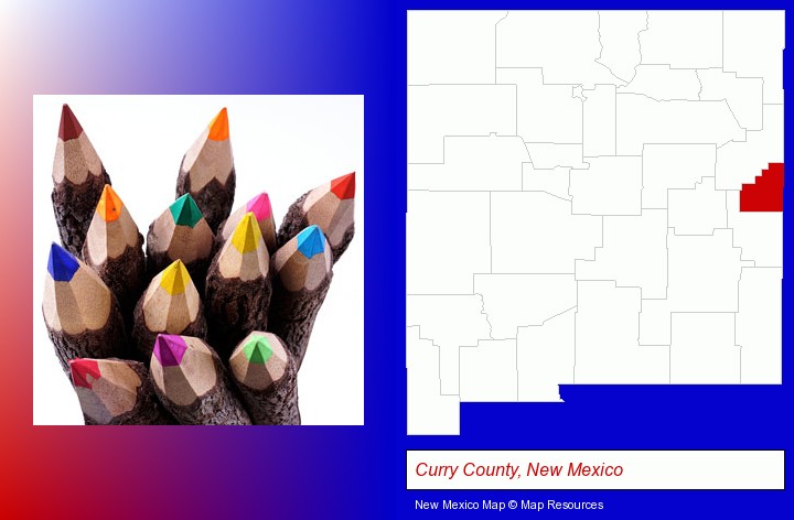 colored pencils; Curry County, New Mexico highlighted in red on a map