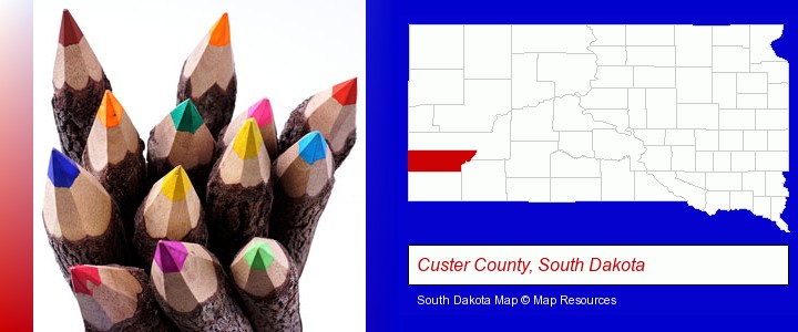 colored pencils; Custer County, South Dakota highlighted in red on a map