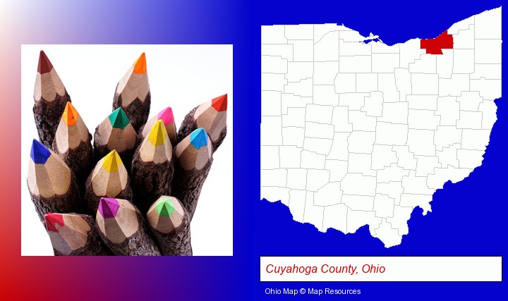 colored pencils; Cuyahoga County, Ohio highlighted in red on a map