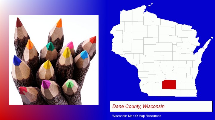 colored pencils; Dane County, Wisconsin highlighted in red on a map