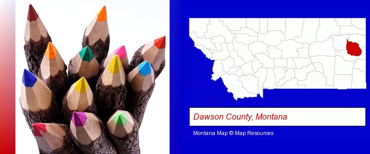 colored pencils; Dawson County, Montana highlighted in red on a map