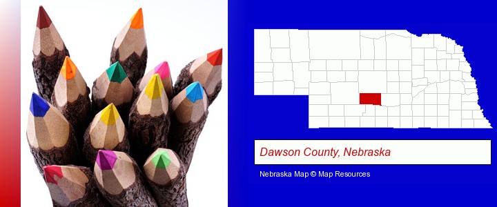 colored pencils; Dawson County, Nebraska highlighted in red on a map