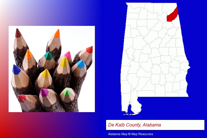 colored pencils; De Kalb County, Alabama highlighted in red on a map