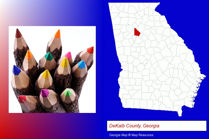 colored pencils; DeKalb County, Georgia highlighted in red on a map